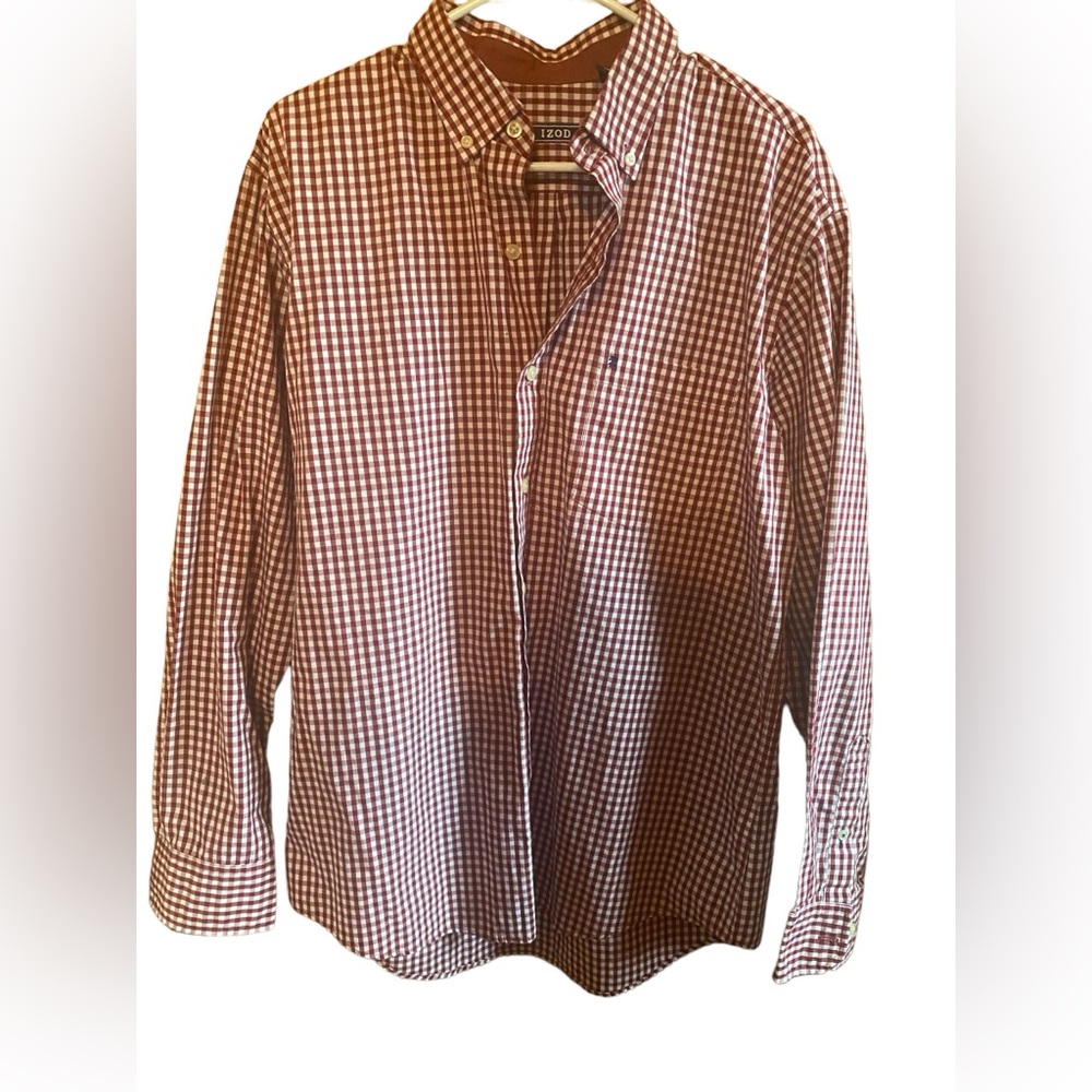 Men’s Izod Red & White Plaid Long Sleeve Shirt-‎ Size Large